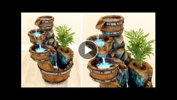 DIY Concrete Barrel Waterfall Fountain Pot ✔️ Faux Bois Tutorial ✔️ Fake Wood Crafts