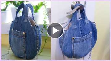 How to Make a Denim Round Handbag Out of Old Jeans | Upcycle Craft | Bag Tutorial |DIY Round Hand...