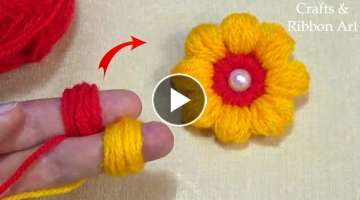 Amazing Woolen Flower Making Ideas - Hand Embroidery Easy Trick with Finger - DIY Yarn Flower
