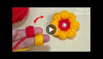 Amazing Woolen Flower Making Ideas - Hand Embroidery Easy Trick with Finger - DIY Yarn Flower