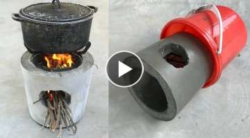 The wood stove is made from plastic barrels and cement