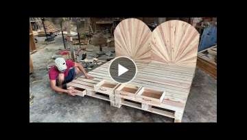 DIY - Amazing How To build A King Size pallet Bed Extremely Simple and Beautiful // Woodworking