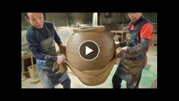 Turning Clay into Giant Pots Using Modern Method. Korean Potter Mass Production Process