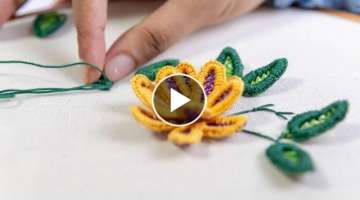 3D Magical Embroidery Flower: Stitching Thread Art on Cloth