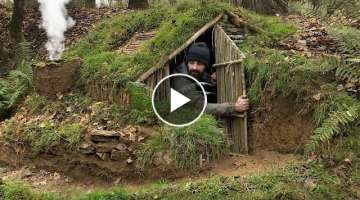 Building complete and warm survival shelter | Bushcraft earth hut, grass roof & fireplace with cl...